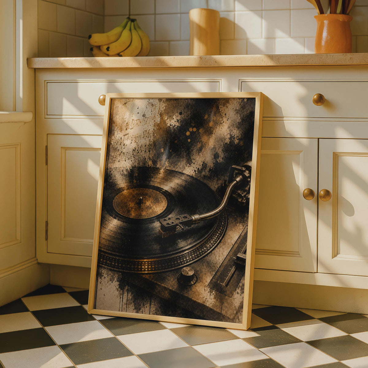 Vintage Vinyl Record Player Poster, Gold Sepia Turntable Wall Art, Music Lover Gift