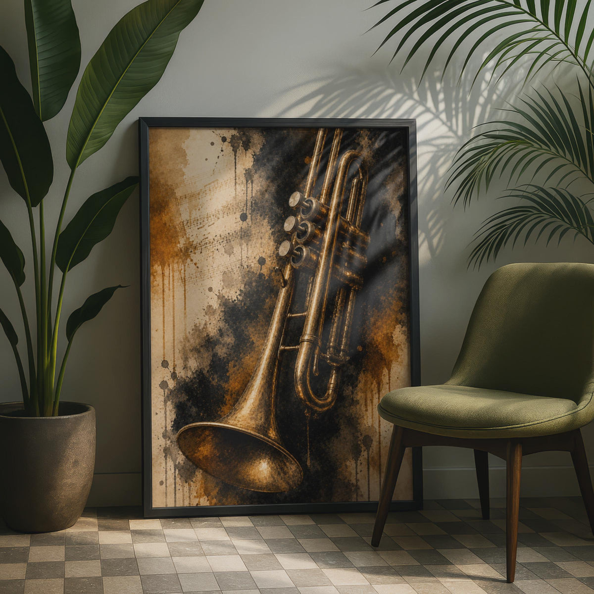 Vintage Trumpet Poster, Grunge Jazz Music Wall Art, Brass Instrument Print