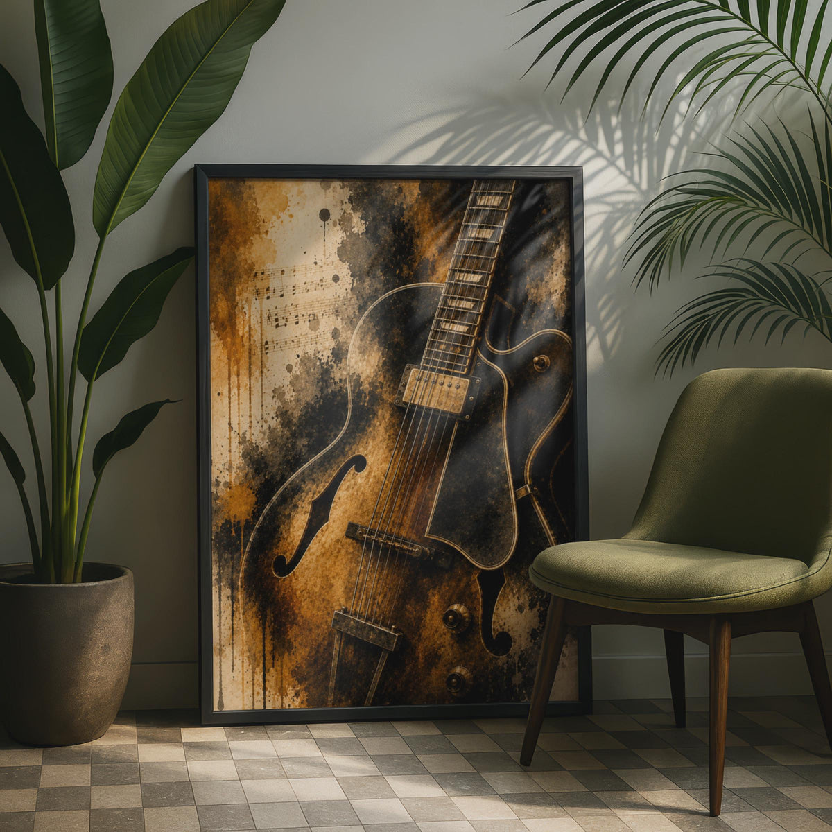 Jazz Guitar Poster, Vintage Music Wall Art, Brown Gold Grunge, Musician Gift