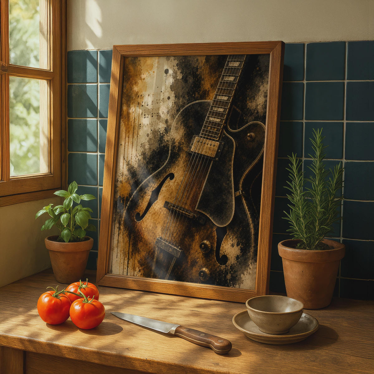 Jazz Guitar Poster, Vintage Music Wall Art, Brown Gold Grunge, Musician Gift