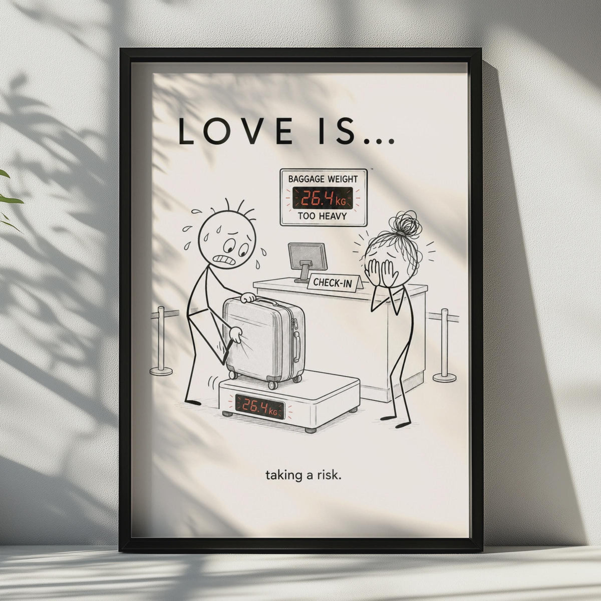 Love Is Taking a Risk Funny Airport Poster, Couple Travel Humour Wall Art Gift