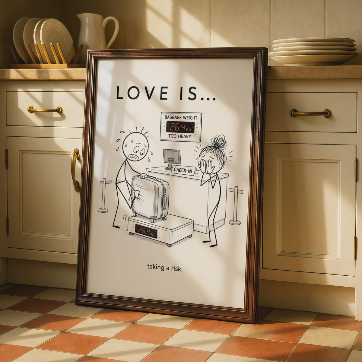 Love Is Taking a Risk Funny Airport Poster, Couple Travel Humour Wall Art Gift