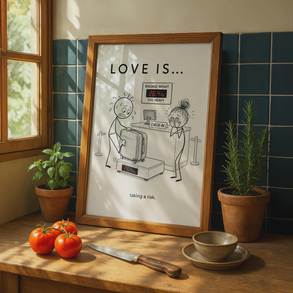 Love Is Taking a Risk Funny Airport Poster, Couple Travel Humour Wall Art Gift