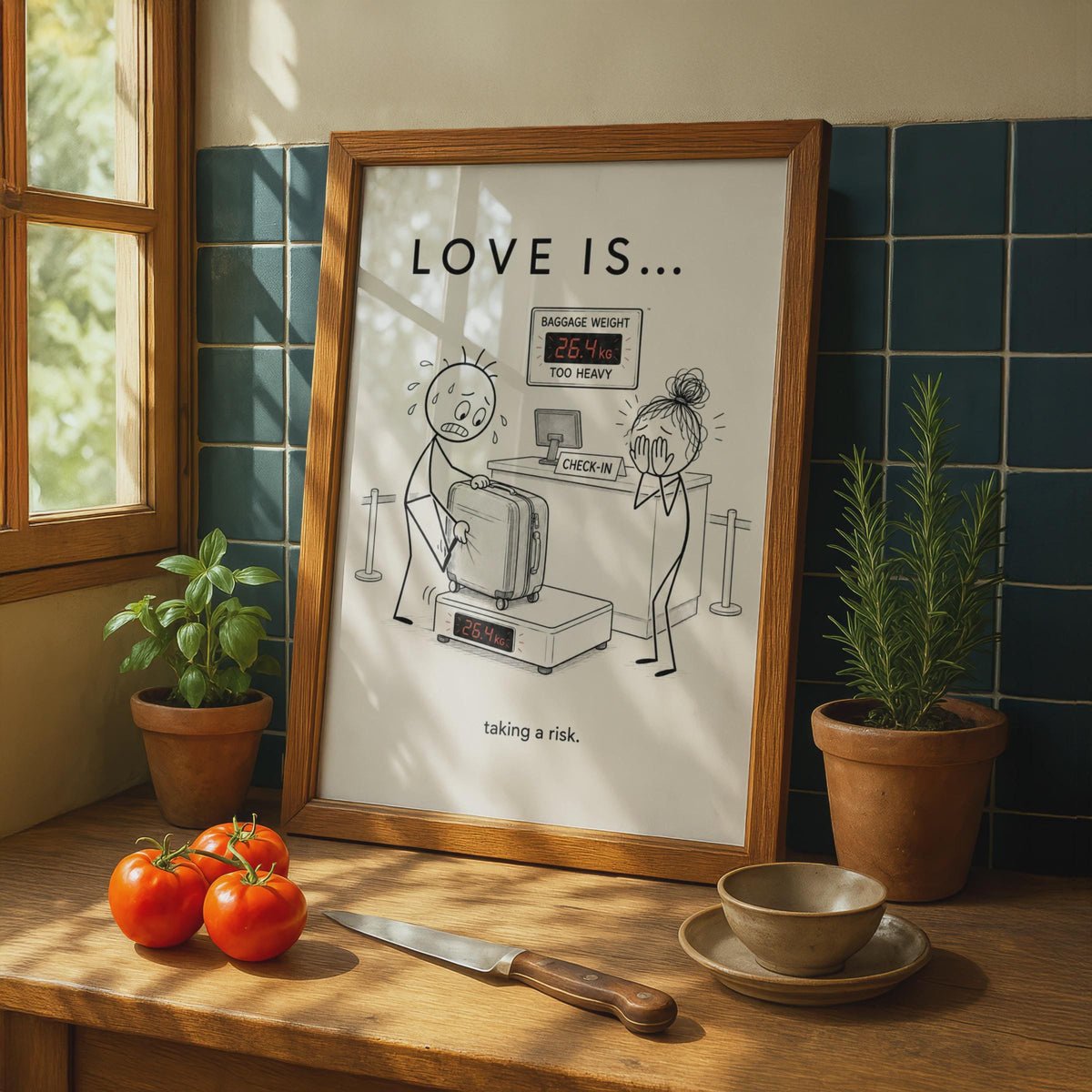 Love Is Taking a Risk Funny Airport Poster, Couple Travel Humour Wall Art Gift