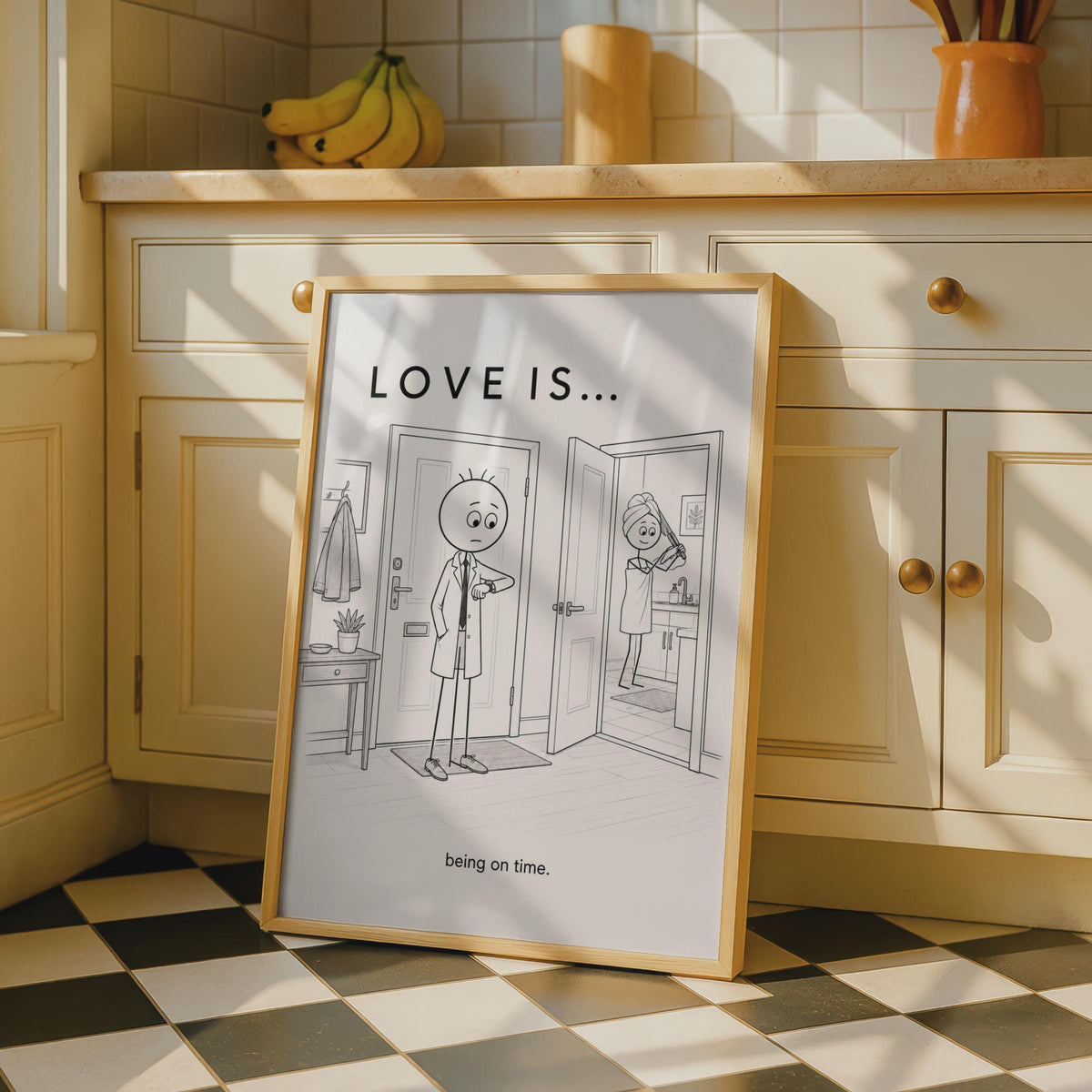 Love Is Being On Time Funny Couple Poster, Humorous Relationship Wall Art Gift
