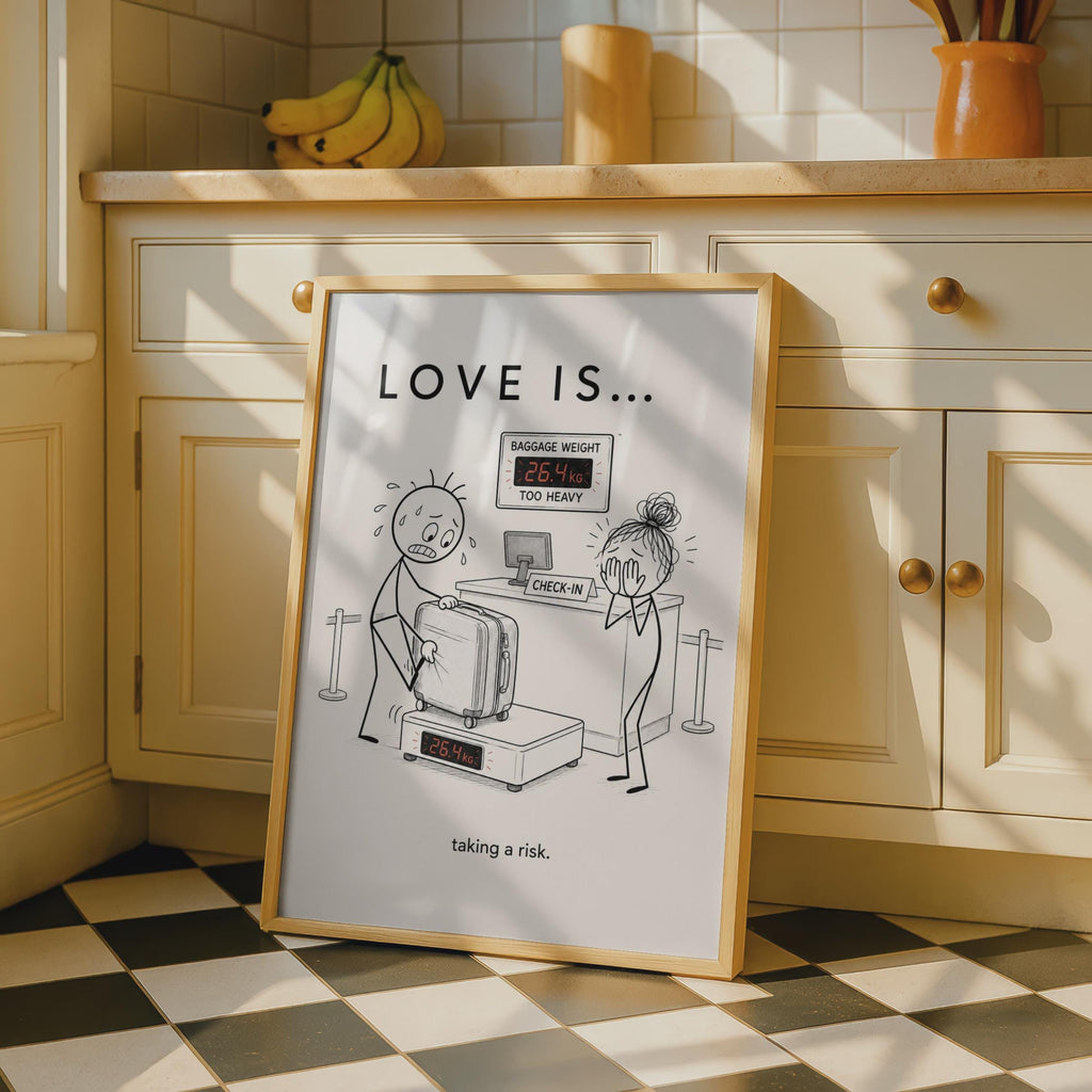 Love Is Taking a Risk Funny Airport Poster, Couple Travel Humour Wall Art Gift
