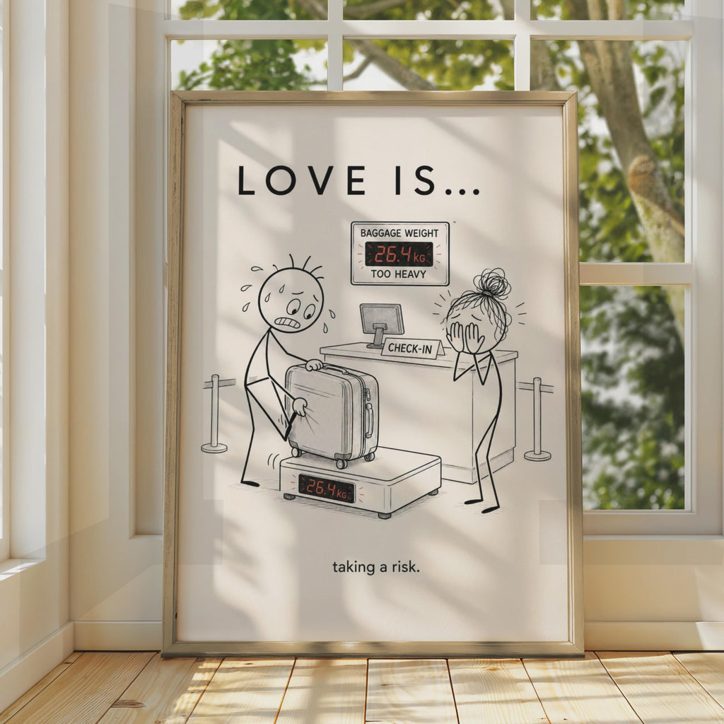Love Is Taking a Risk Funny Airport Poster, Couple Travel Humour Wall Art Gift