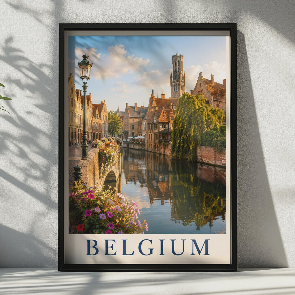 Belgium Bruges Canal Travel Poster, Belfry Tower Wall Art, European City Print