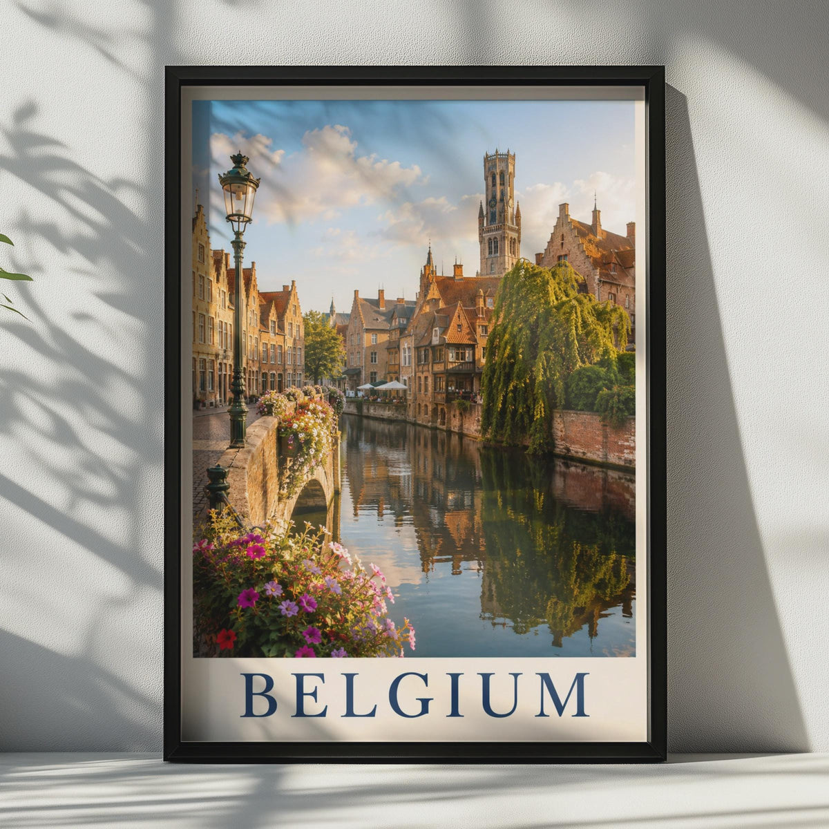 Belgium Bruges Canal Travel Poster, Belfry Tower Wall Art, European City Print
