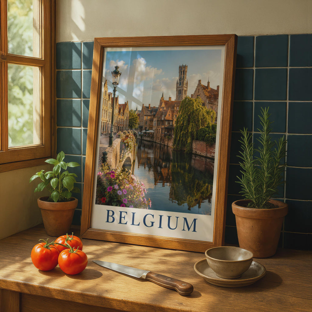 Belgium Bruges Canal Travel Poster, Belfry Tower Wall Art, European City Print