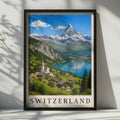 Switzerland Travel Poster, Alpine Village Lake Matterhorn Wall Art, Swiss Mountains Retro Print