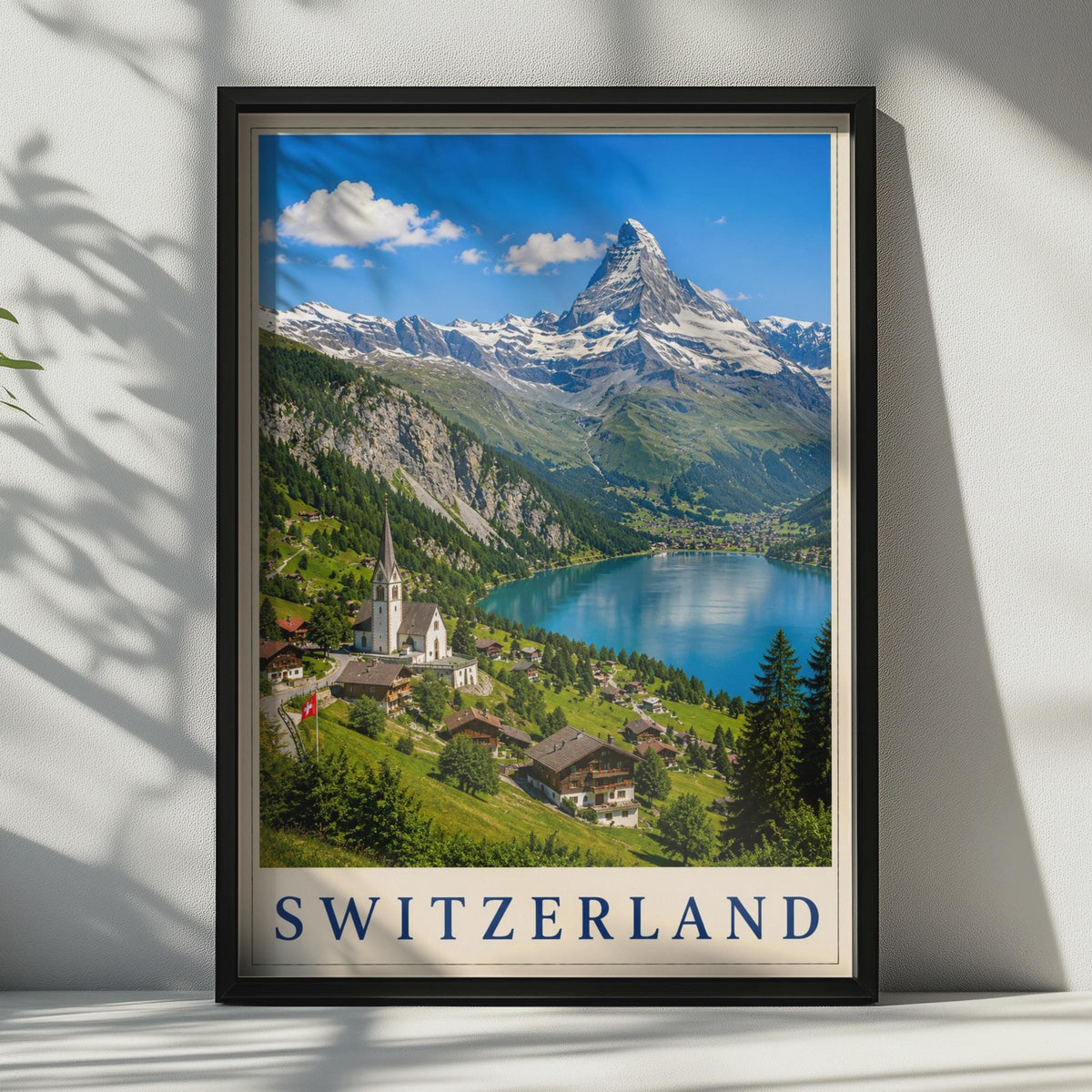 Switzerland Travel Poster, Alpine Village Lake Matterhorn Wall Art, Swiss Mountains Retro Print