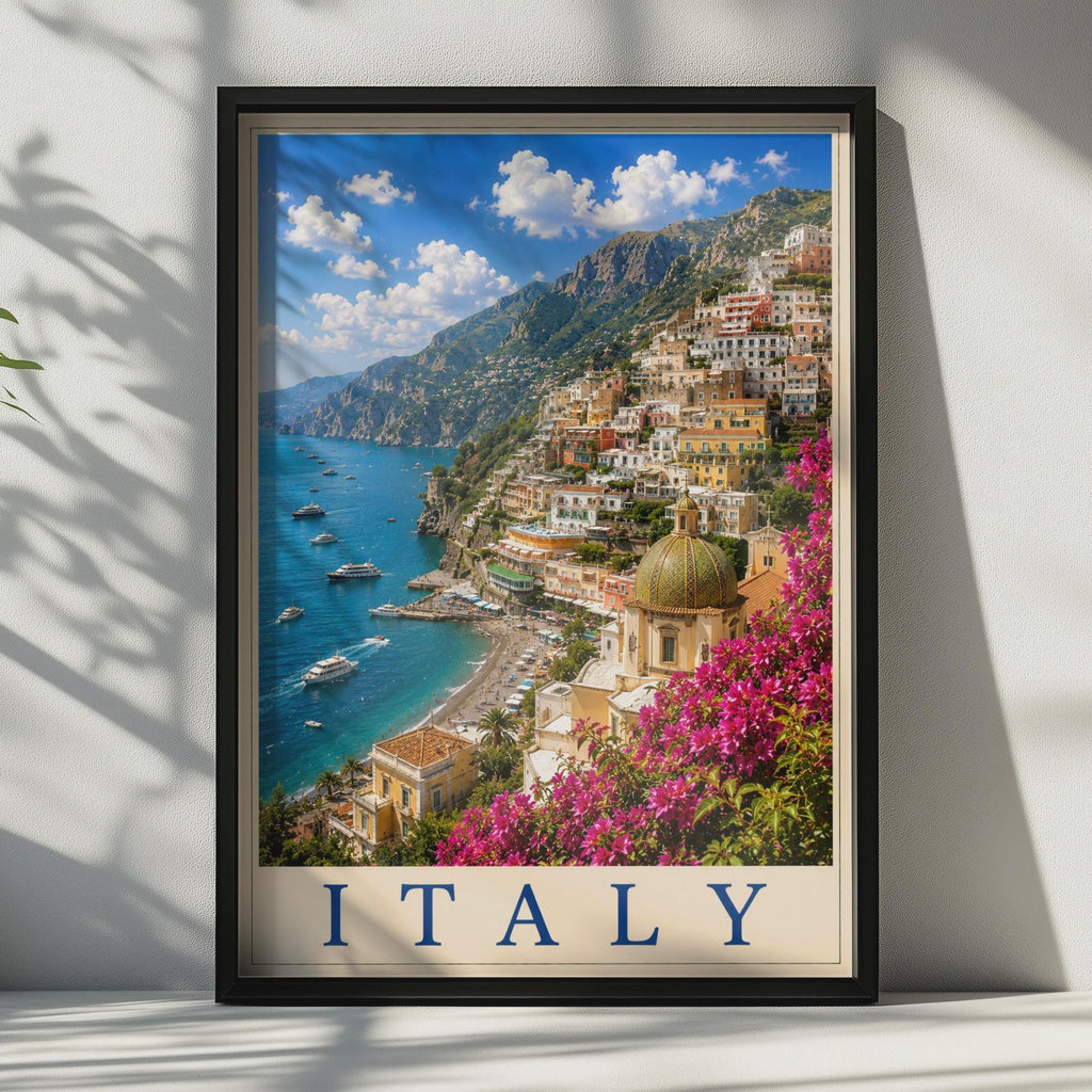 Italy Positano Amalfi Coast Travel Poster, Italian Coastal Wall Art, Mediterranean Print