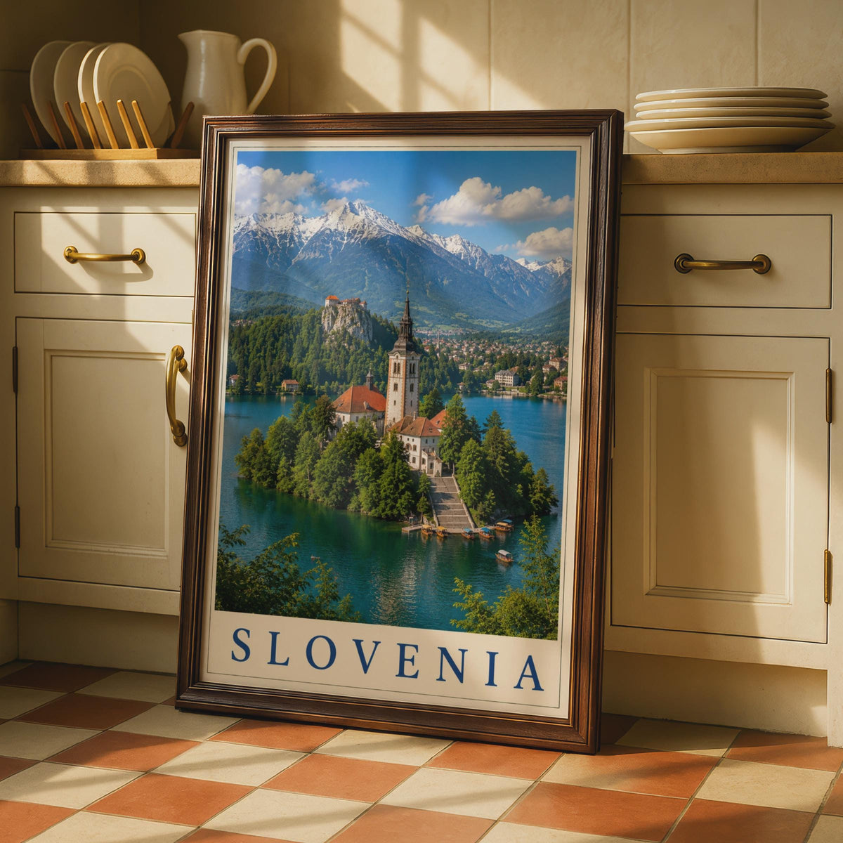 Slovenia Lake Bled Poster, Travel Wall Art, Alpine Church Island Print, Europe