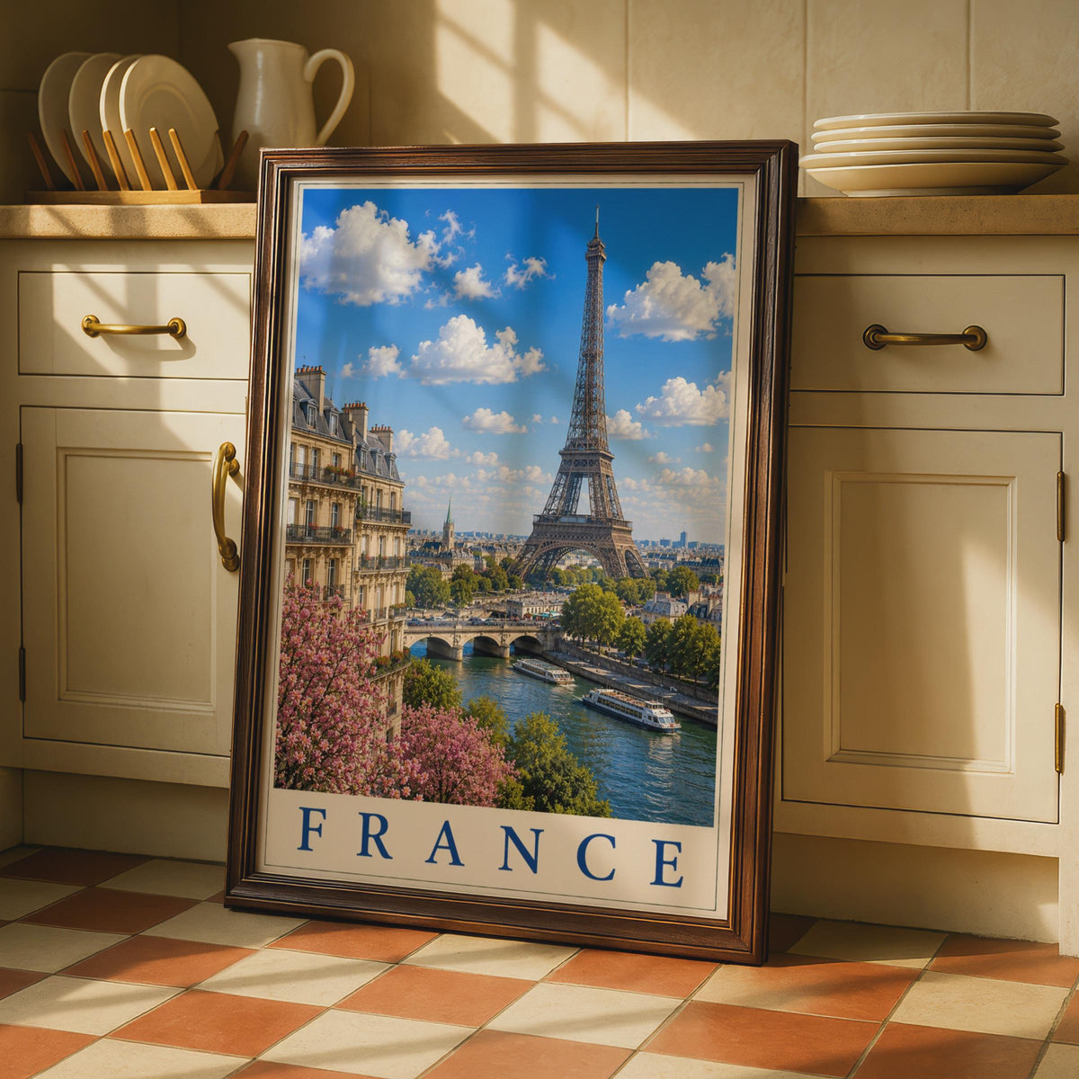 Paris France Travel Poster, Eiffel Tower Seine River Wall Art, French City Print