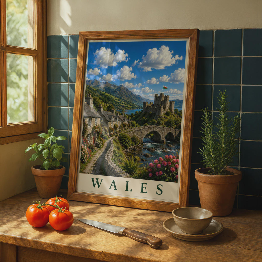 Wales Travel Poster, Welsh Castle Village Wall Art, Vintage Style UK Landscape Print, Gift