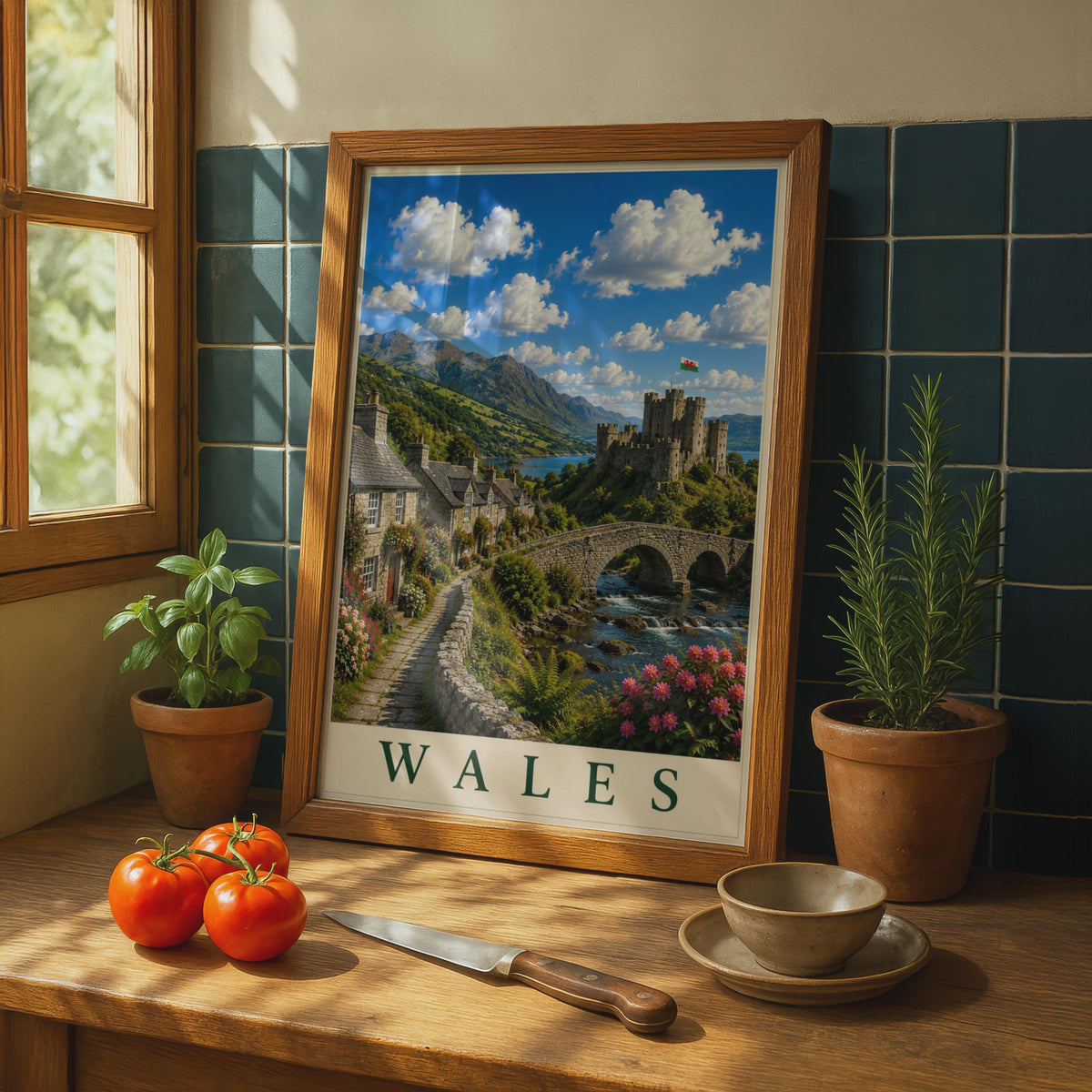 Wales Travel Poster, Welsh Castle Village Wall Art, Vintage Style UK Landscape Print, Gift