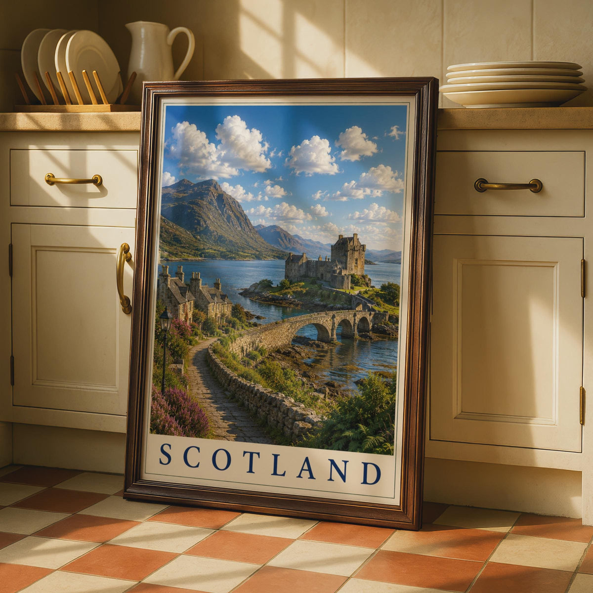 Scotland Castle Poster, Scottish Highlands Travel Wall Art, Eilean Donan Loch Print, Gift