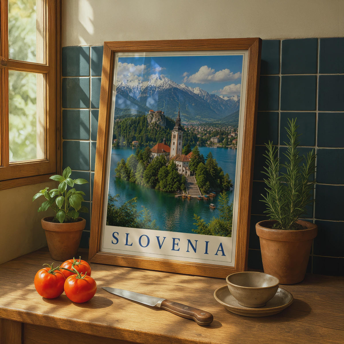 Slovenia Lake Bled Poster, Travel Wall Art, Alpine Church Island Print, Europe