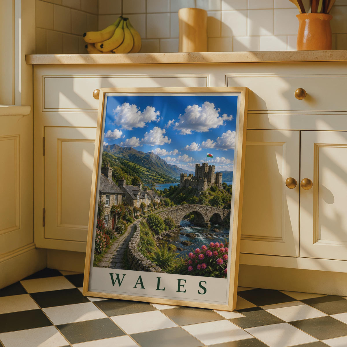 Wales Travel Poster, Welsh Castle Village Wall Art, Vintage Style UK Landscape Print, Gift