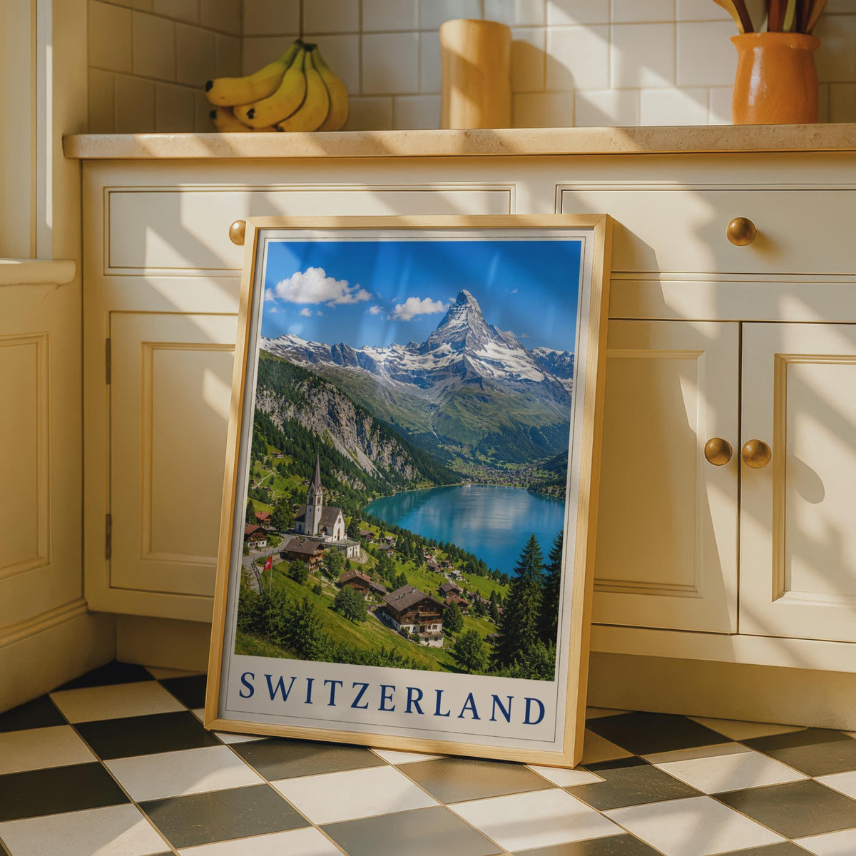 Switzerland Travel Poster, Alpine Village Lake Matterhorn Wall Art, Swiss Mountains Retro Print