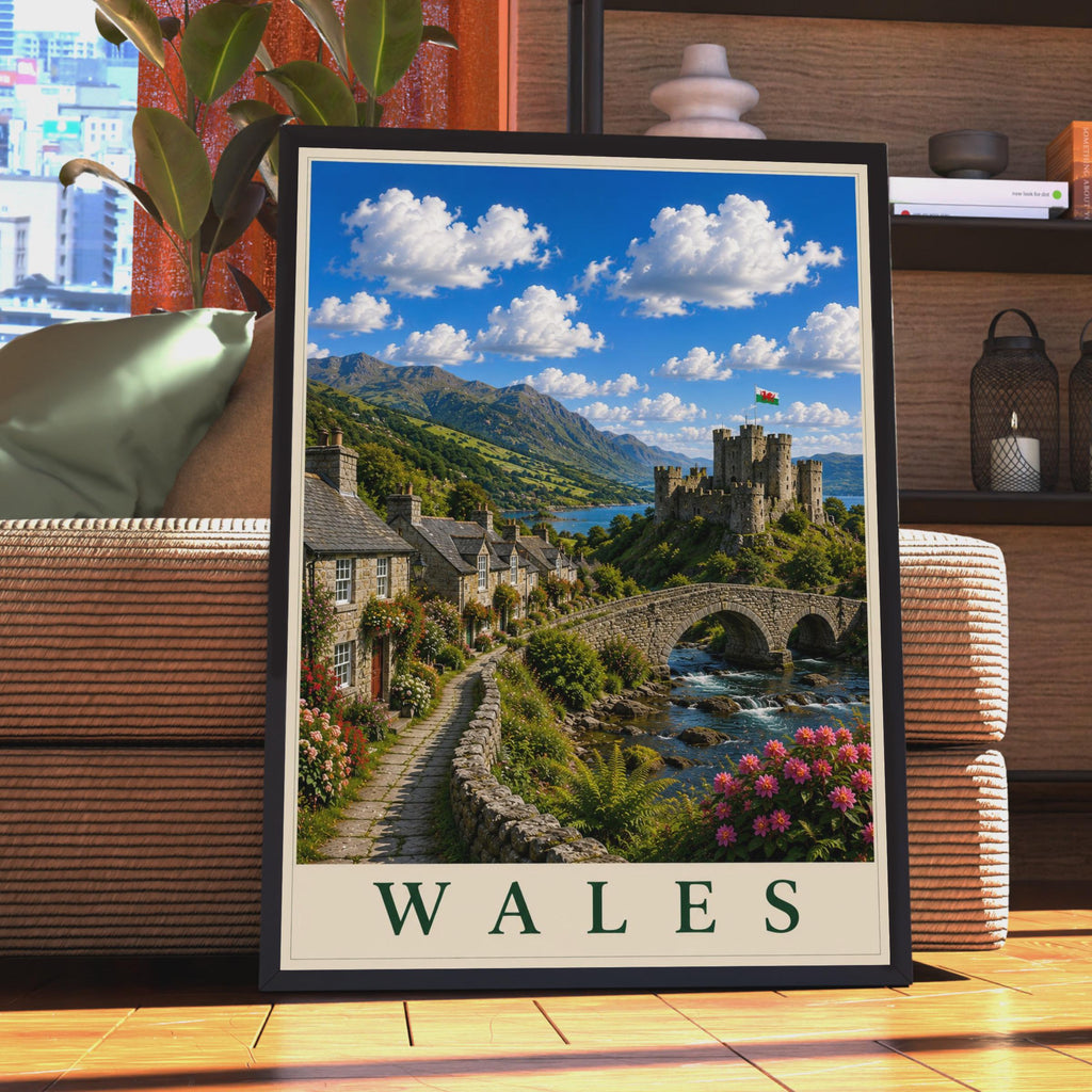 Wales Travel Poster, Welsh Castle Village Wall Art, Vintage Style UK Landscape Print, Gift
