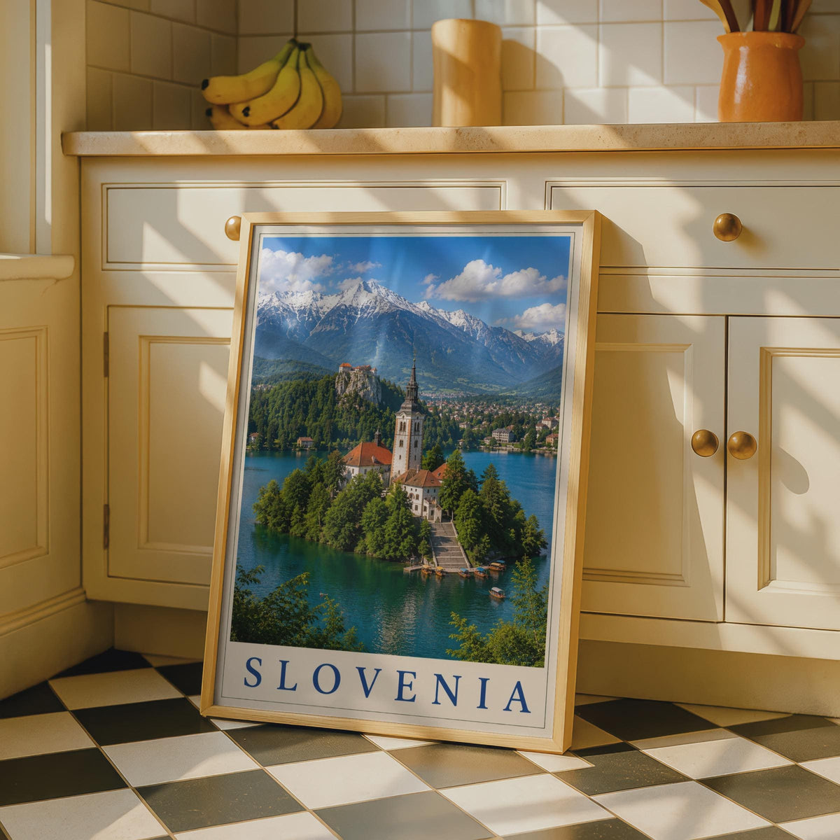 Slovenia Lake Bled Poster, Travel Wall Art, Alpine Church Island Print, Europe
