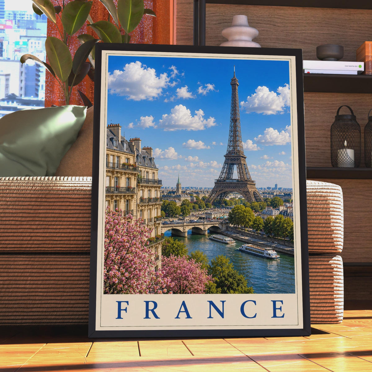 Paris France Travel Poster, Eiffel Tower Seine River Wall Art, French City Print