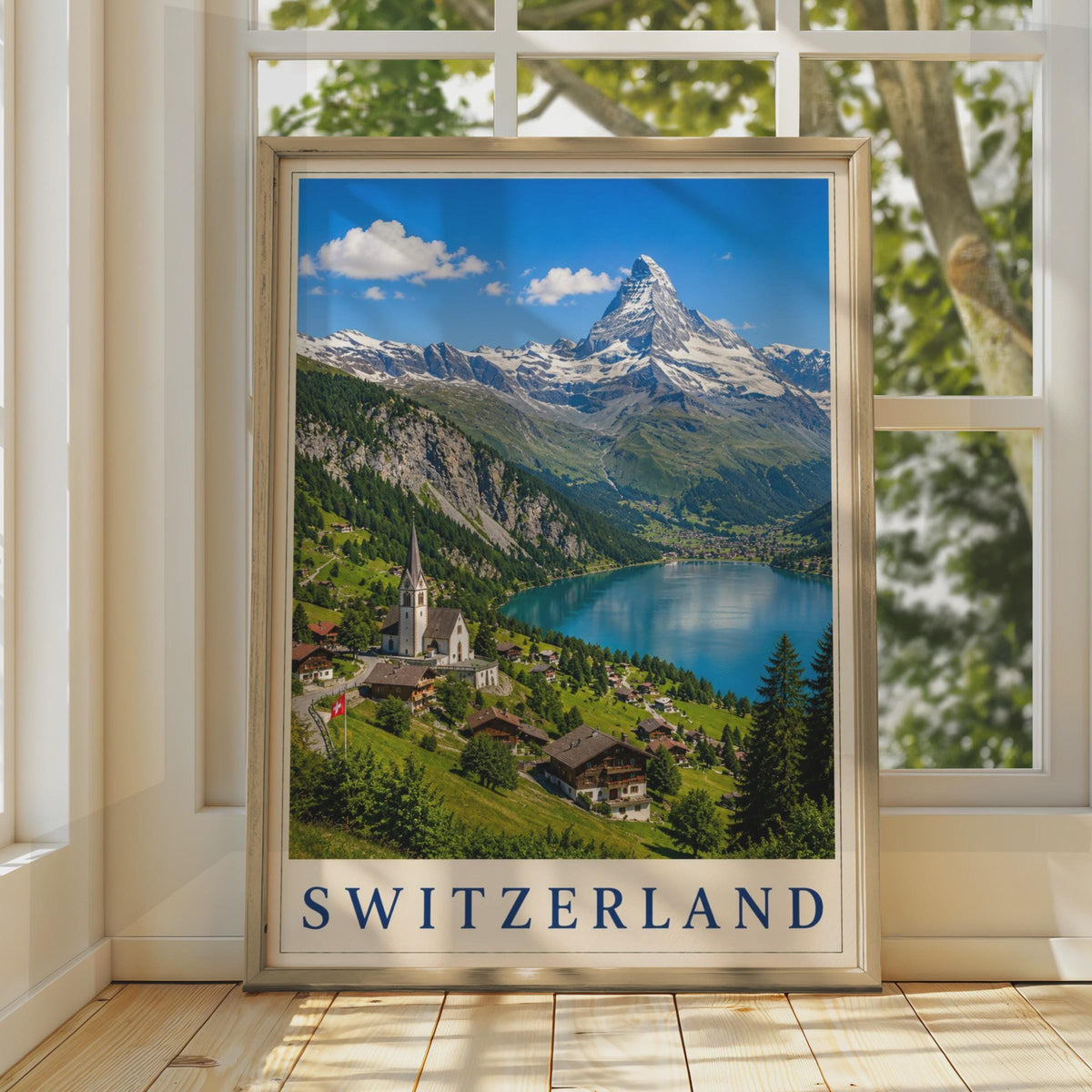 Switzerland Travel Poster, Alpine Village Lake Matterhorn Wall Art, Swiss Mountains Retro Print
