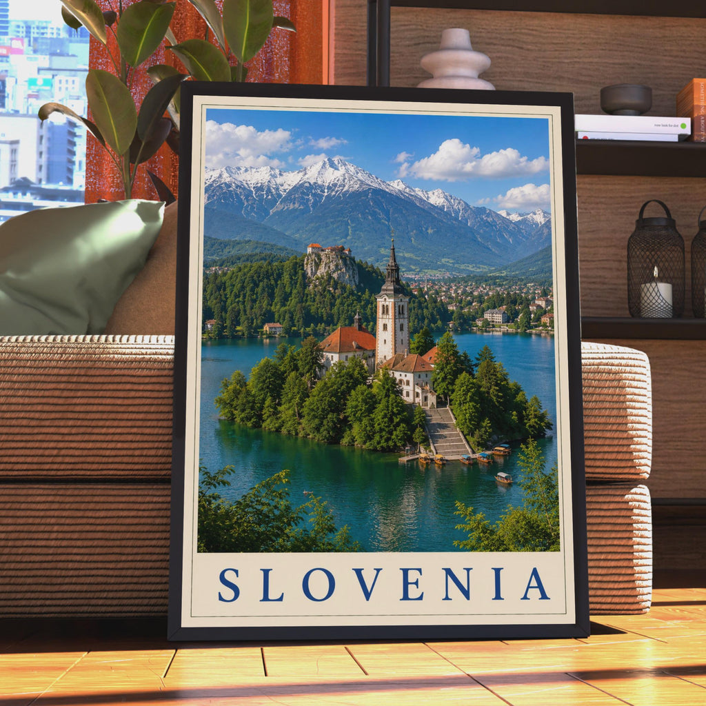 Slovenia Lake Bled Poster, Travel Wall Art, Alpine Church Island Print, Europe