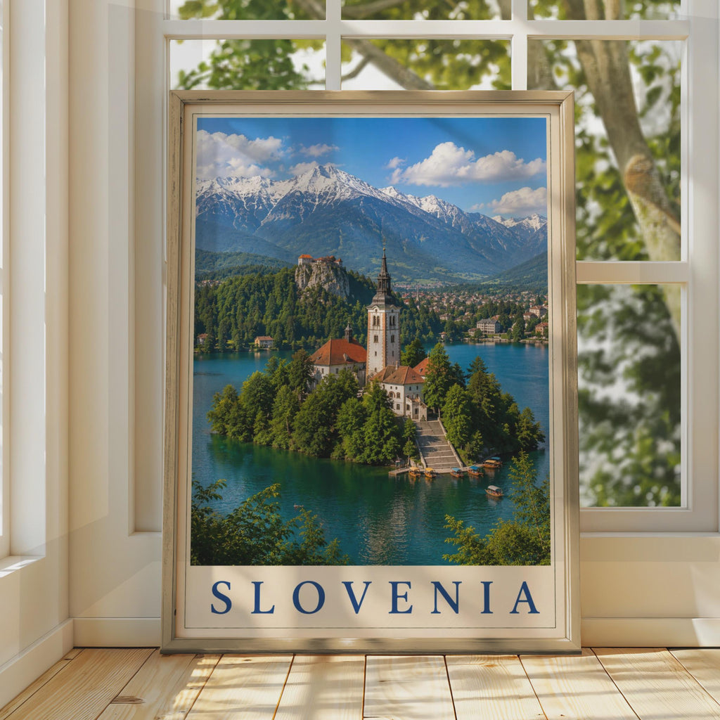Slovenia Lake Bled Poster, Travel Wall Art, Alpine Church Island Print, Europe