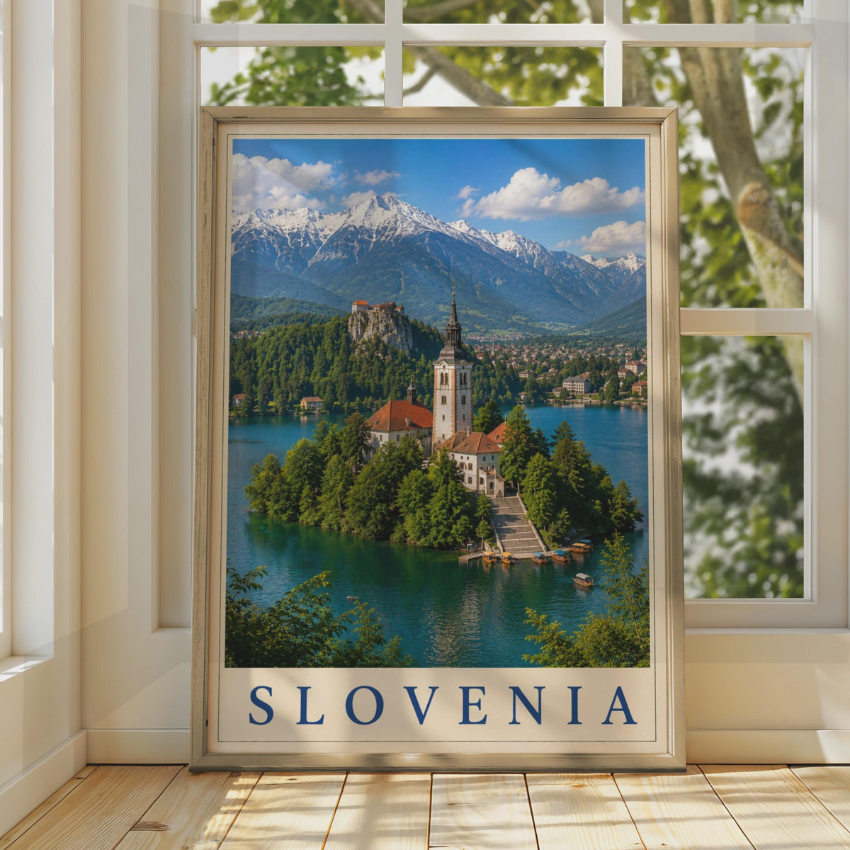 Slovenia Lake Bled Poster, Travel Wall Art, Alpine Church Island Print, Europe