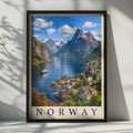 Norway Fjord Village Travel Poster, Scandinavian Mountain Wall Art, Nordic Print