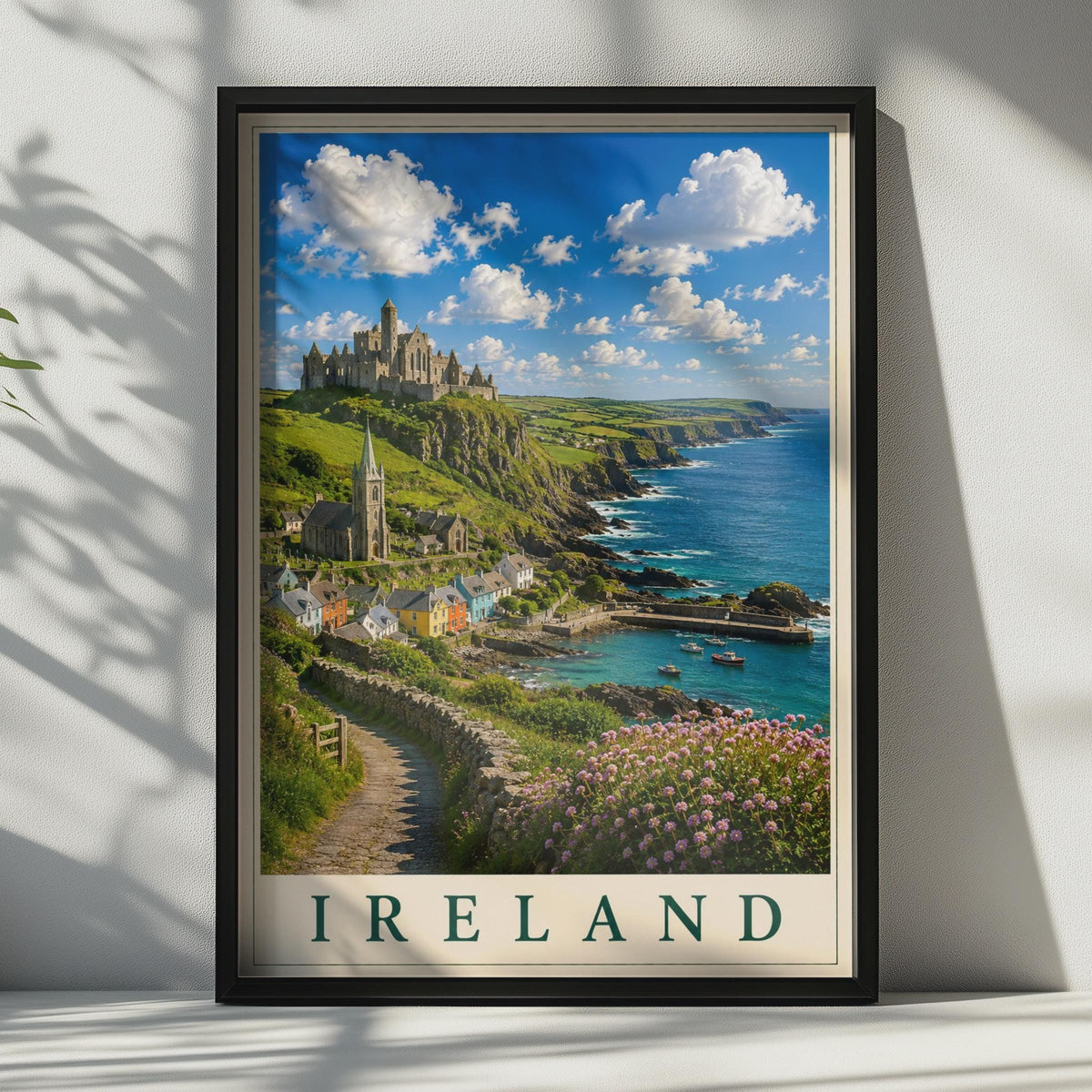 Ireland Travel Poster, Irish Coastal Village Castle Wall Art, Vintage Style Scenic Ireland Gift