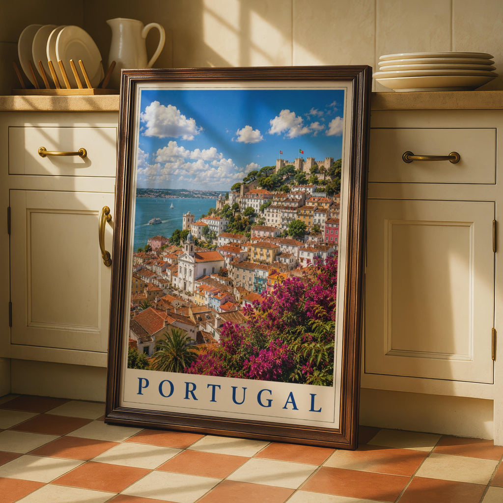 Portugal Travel Poster, Lisbon Castle Cityscape Wall Art, Colourful Retro Europe Print
