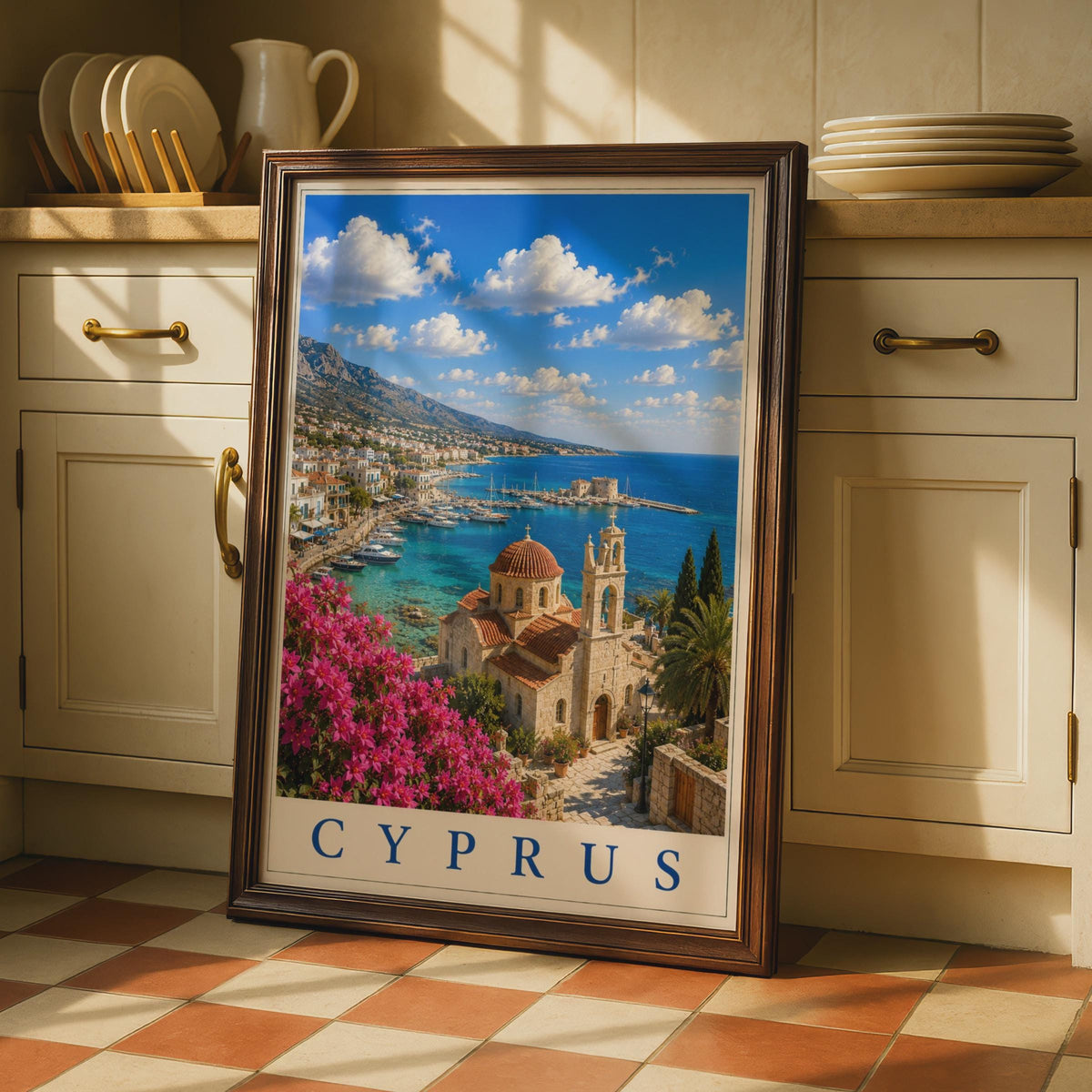 Cyprus Travel Poster, Mediterranean Harbour Wall Art, Greek Church, Bougainvillea Print