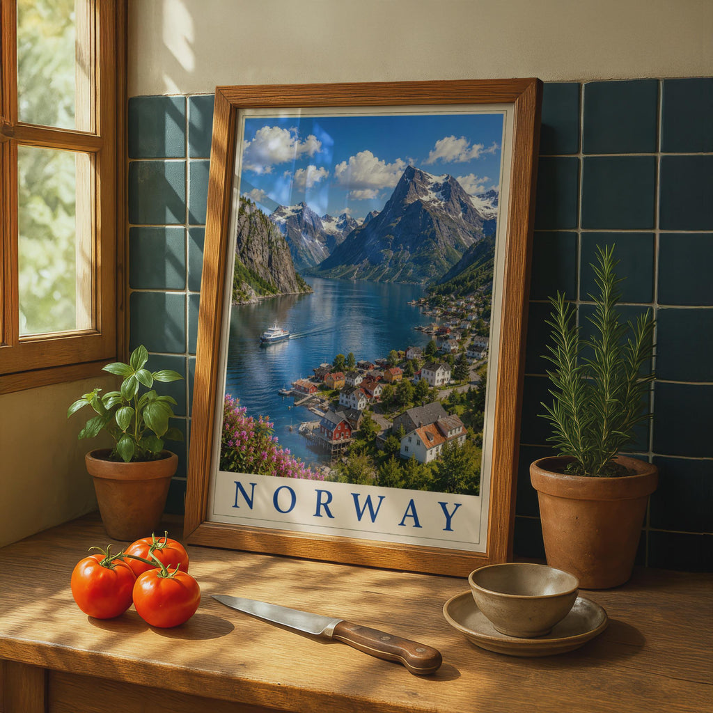 Norway Fjord Village Travel Poster, Scandinavian Mountain Wall Art, Nordic Print