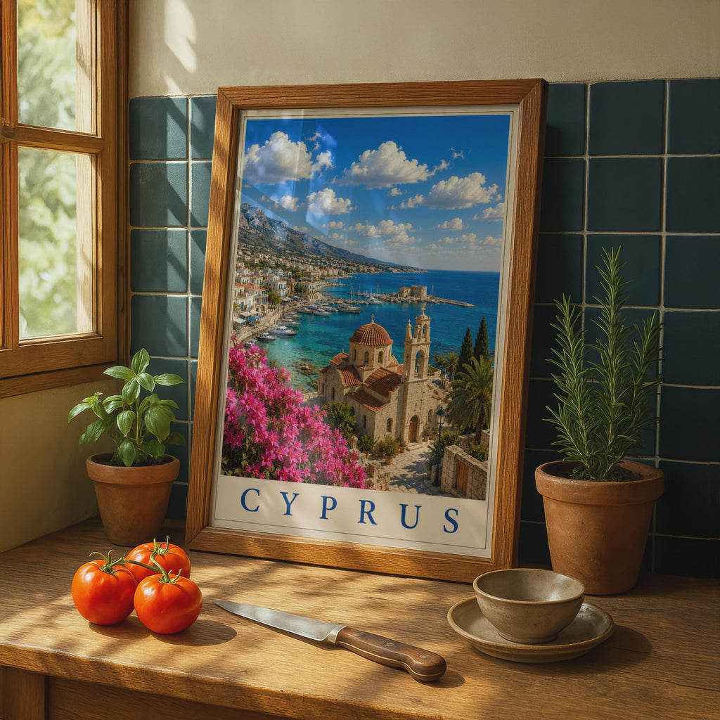 Cyprus Travel Poster, Mediterranean Harbour Wall Art, Greek Church, Bougainvillea Print