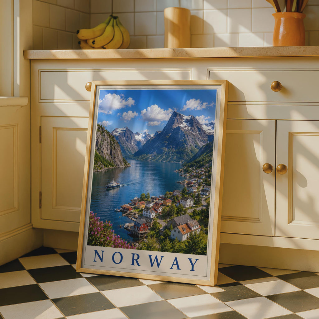 Norway Fjord Village Travel Poster, Scandinavian Mountain Wall Art, Nordic Print