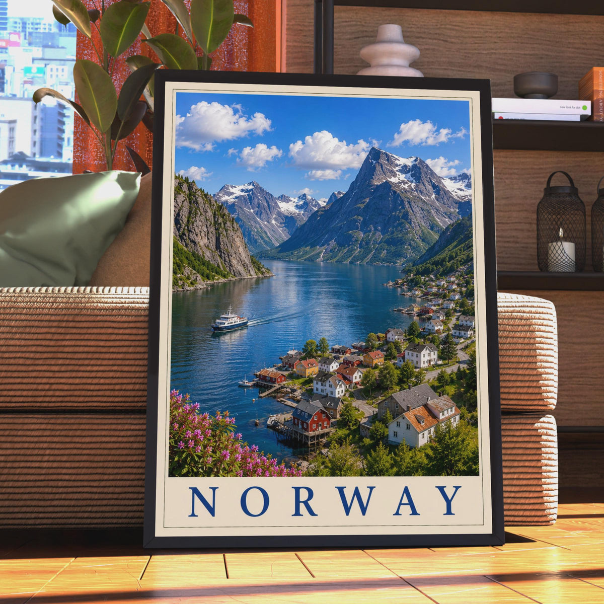 Norway Fjord Village Travel Poster, Scandinavian Mountain Wall Art, Nordic Print