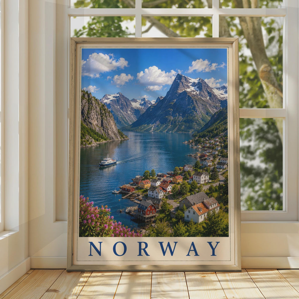 Norway Fjord Village Travel Poster, Scandinavian Mountain Wall Art, Nordic Print