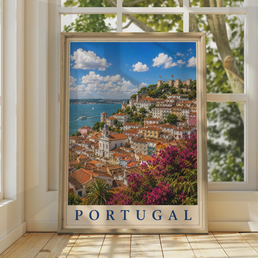 Portugal Travel Poster, Lisbon Castle Cityscape Wall Art, Colourful Retro Europe Print