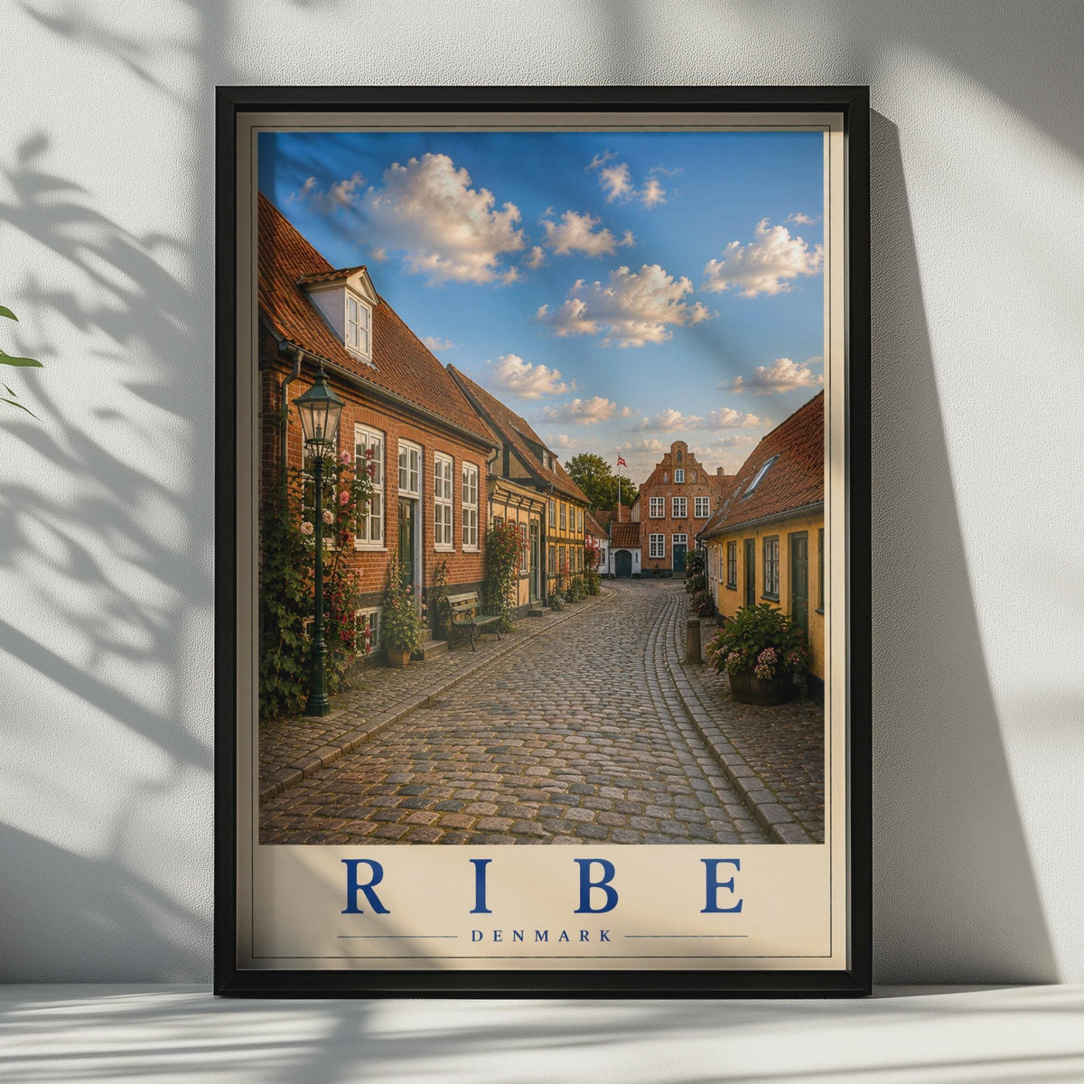 Ribe Denmark Travel Poster, Danish Cobblestone Street, Scandinavian City Wall Art