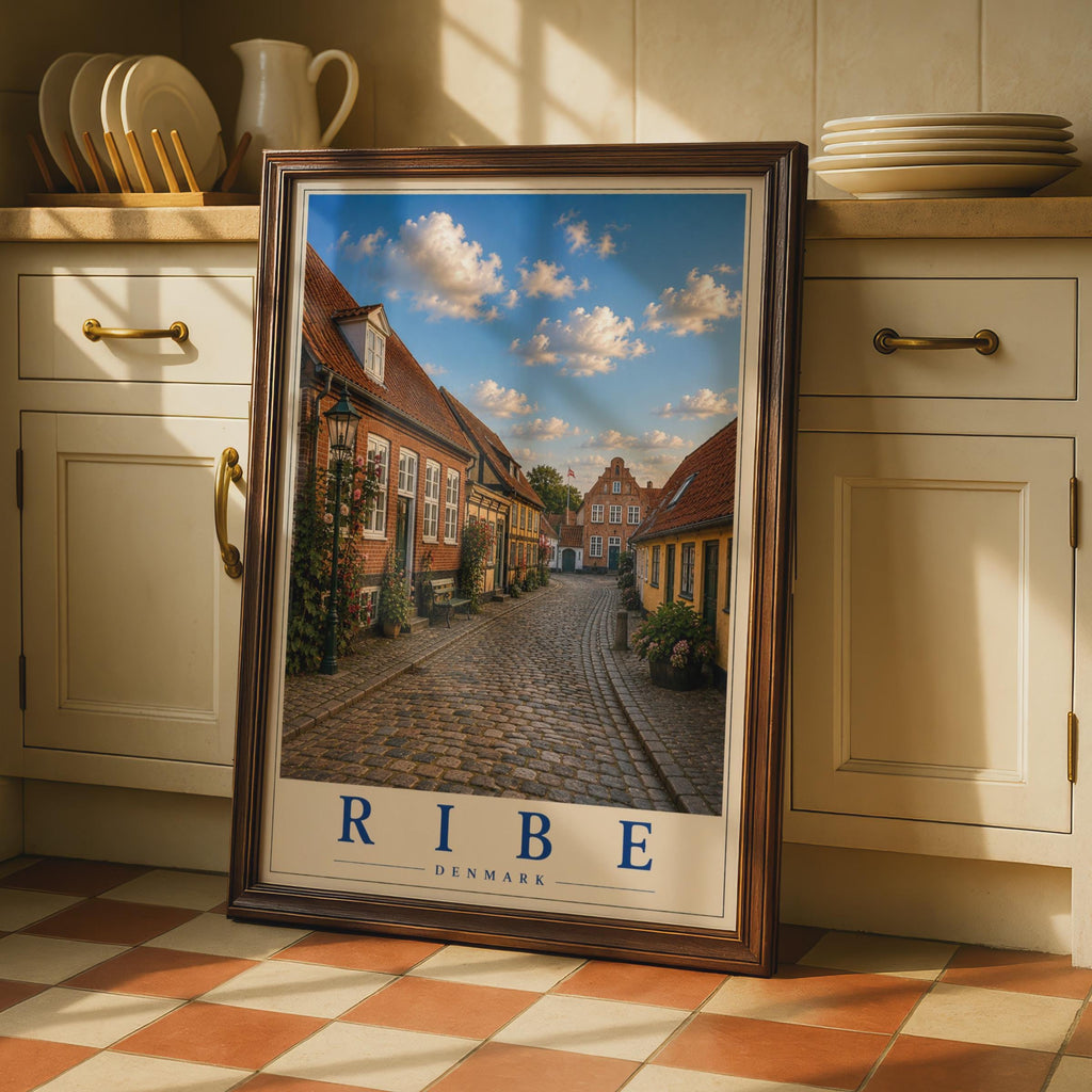 Ribe Denmark Travel Poster, Danish Cobblestone Street, Scandinavian City Wall Art