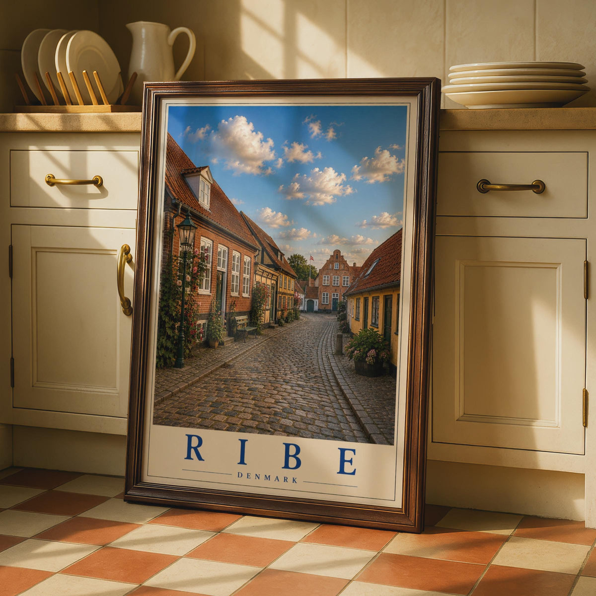 Ribe Denmark Travel Poster, Danish Cobblestone Street, Scandinavian City Wall Art