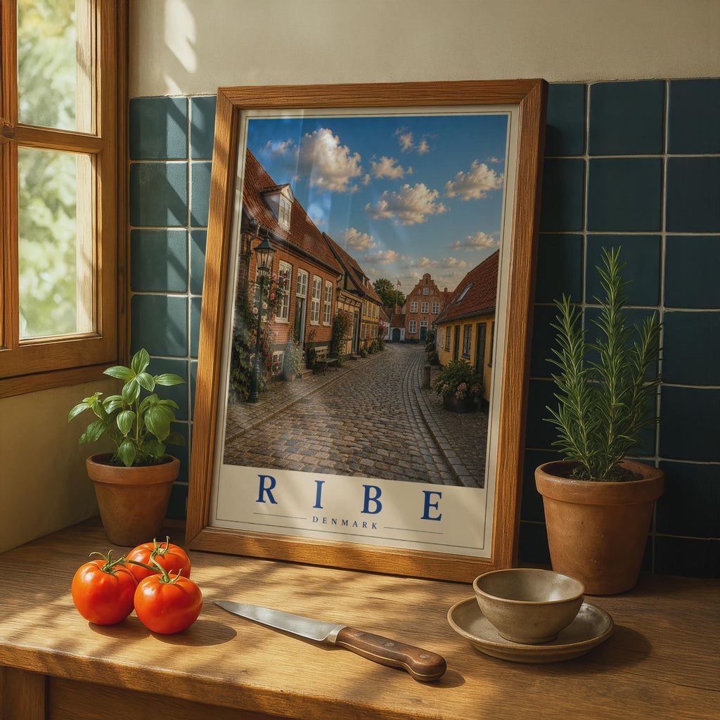 Ribe Denmark Travel Poster, Danish Cobblestone Street, Scandinavian City Wall Art