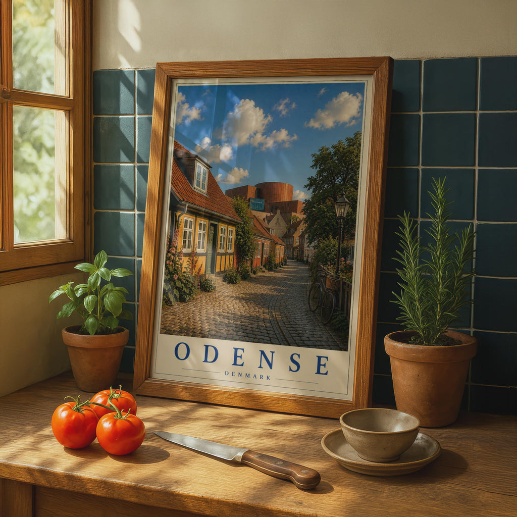 Odense Denmark Travel Poster, Danish Cobblestone Street Wall Art, Scandinavian City Print