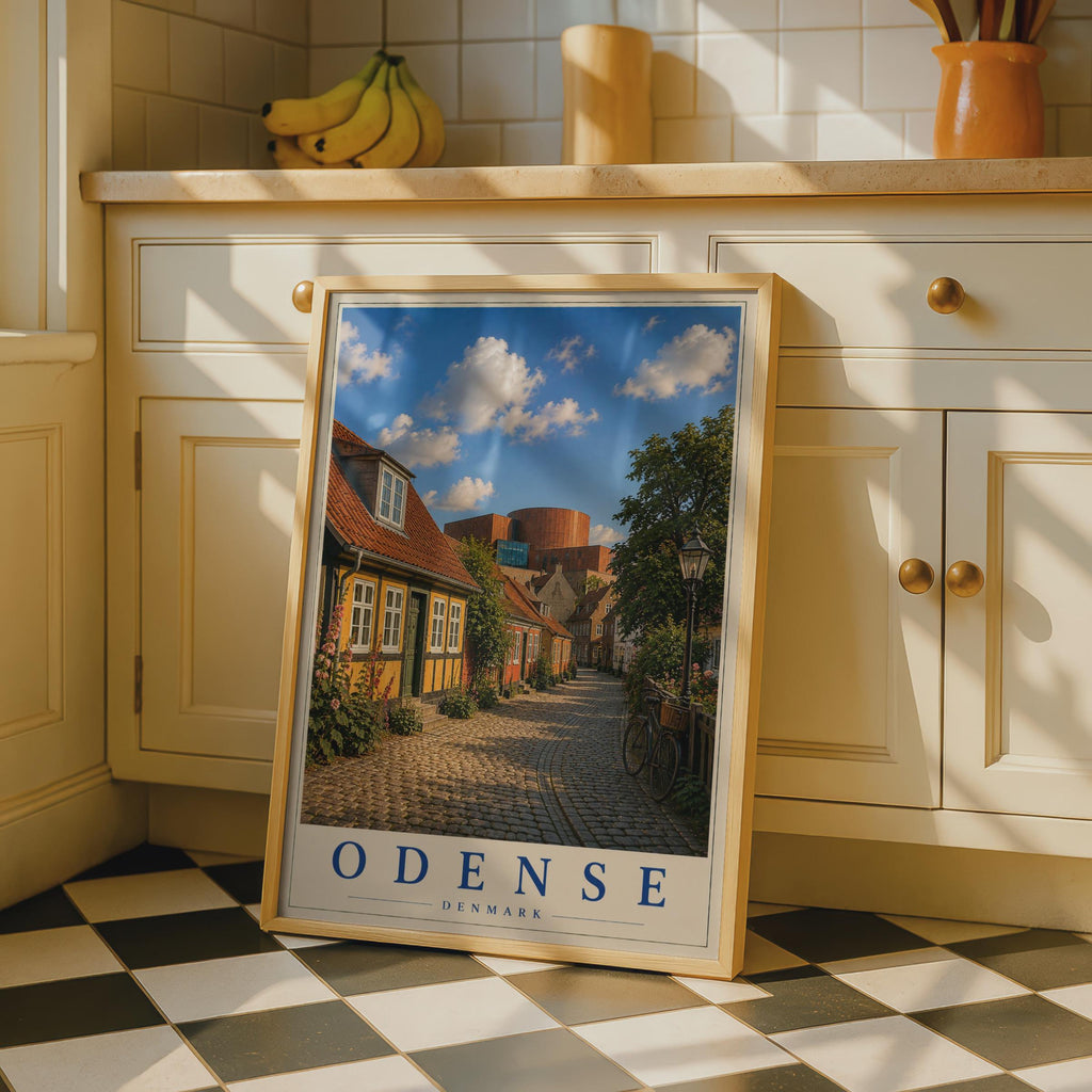 Odense Denmark Travel Poster, Danish Cobblestone Street Wall Art, Scandinavian City Print