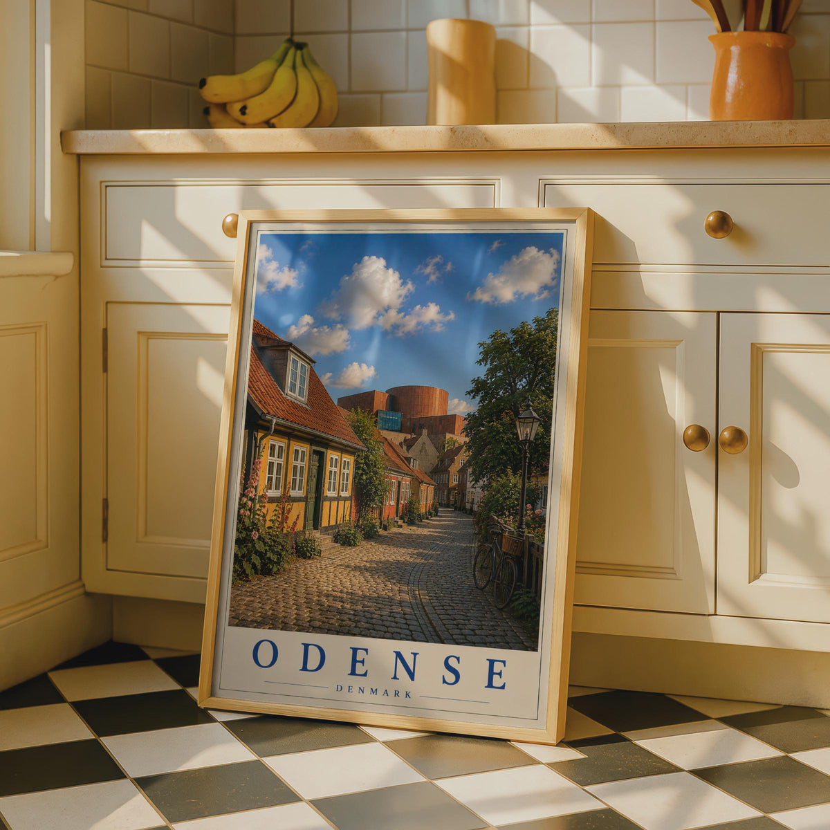 Odense Denmark Travel Poster, Danish Cobblestone Street Wall Art, Scandinavian City Print