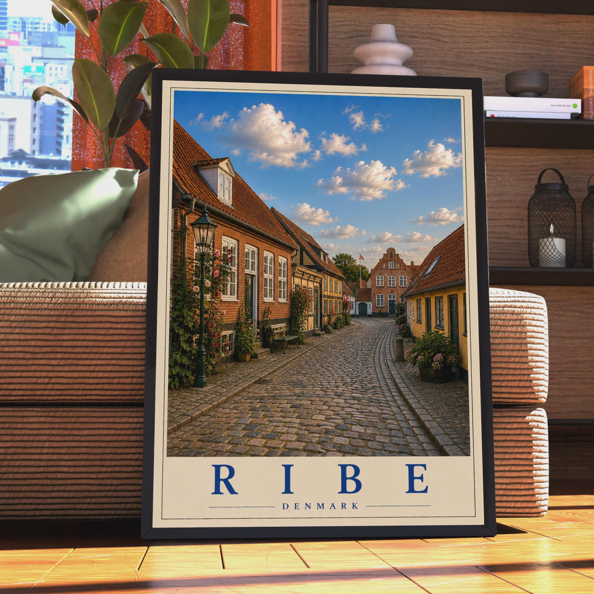 Ribe Denmark Travel Poster, Danish Cobblestone Street, Scandinavian City Wall Art